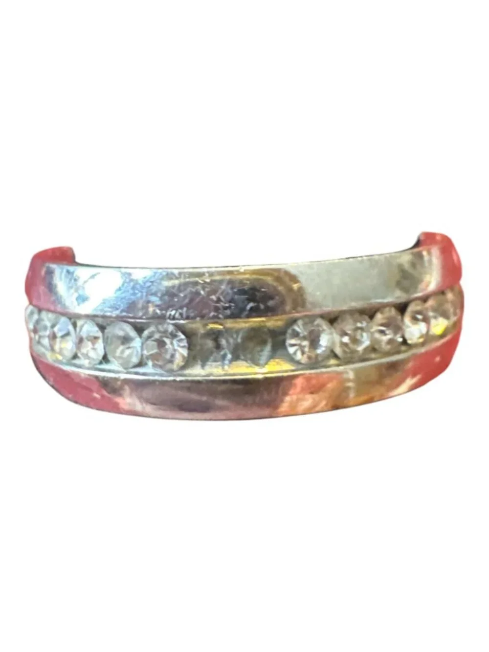 Silver-Tone Band Ring With Clear Rhinestones & Textured Red Accents
